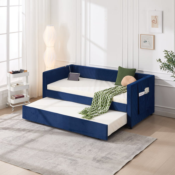 English Elm Twin Velvet Upholstered Daybed with Trundle, V-Pattern Backrest, USB Port, Side Pockets, Sturdy Design Navy W1361S00044