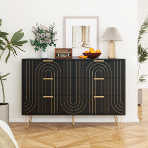 English Elm Modern 6 Drawer Dresser with Gold Metal Handles, Anti-Tip Design, Smooth Slide Drawers for Bedroom Black W688P170443