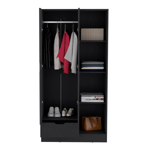 English Elm Memphis Wardrobe Armoire with Double Doors, Built-In Rod, Four Shelves & Spacious Lower Drawer Black 40 L x 23 W x 3 H B200S00286