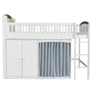English Elm Twin Loft Bed with Wardrobe Cabinet Led Lighting and Pine Frame for Kids Rooms White N7090002236K