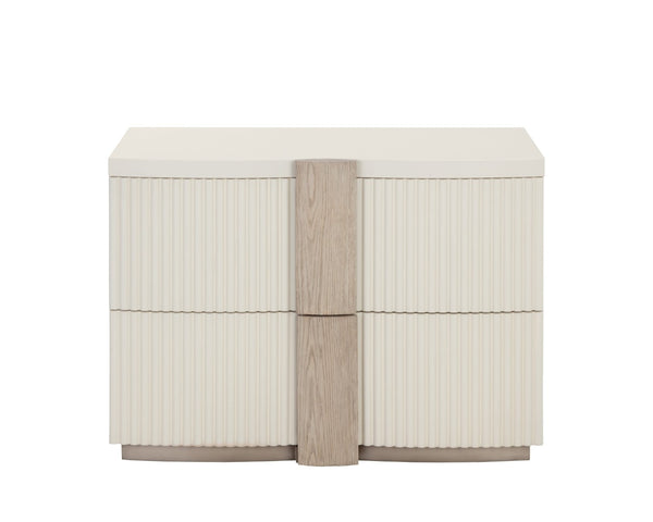 Sunpan VENETTA Nightstand - Cream Base with Reeded Drawers & Light Oak Top for Timeless Bedroom Elegance 110664