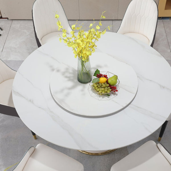 English Elm Round Sintered Stone Dining Set Sculptural Petal Base Six Pu Leather Chairs Modern W509S00184