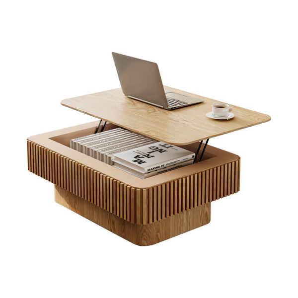 English Elm 38.6'' Fluted Lift-top Coffee Table with Hidden Storage Adjustable Modern Matte Surface Natural Wood W1435P293218