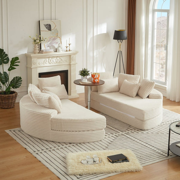 English Elm 78.5-inch Corduroy Round Convertible Recliner Sofa Bed with Neck Support and Throw Pillows Beige W834S00564