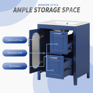 English Elm 24" Modern Bathroom Vanity with Ceramic Sink, Solid Wood & MDF Cabinet, Two Drawers, Shelf Blue N725P245273C