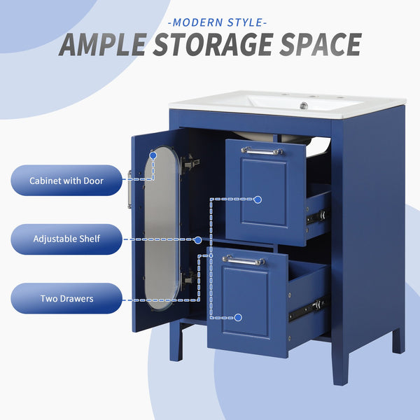 English Elm 24" Modern Bathroom Vanity with Ceramic Sink, Solid Wood & MDF Cabinet, Two Drawers, Shelf Blue N725P245273C