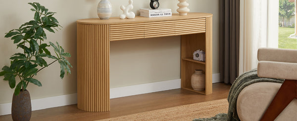 English Elm [video] Retro Fluted Console Table with 3 Drawers Open Niche Mid-century Entryway Natural N759P283616N