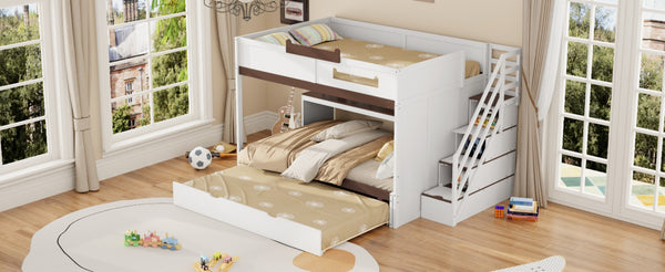 English Elm House-shaped Pine Bunk Bed with Built-in Slide Storage Staircase Twin Over Full Kids Frame White N820S00067K
