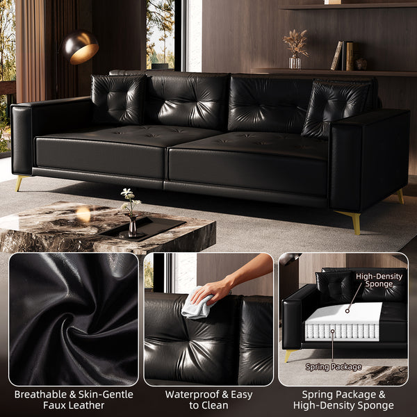 English Elm 92.1"King 3-in-1 Convertible Sleeper Sofa Bed with Tufted Faux Leather, Ultra-Wide Arms, 4-Seater Couch Black W1885S00208