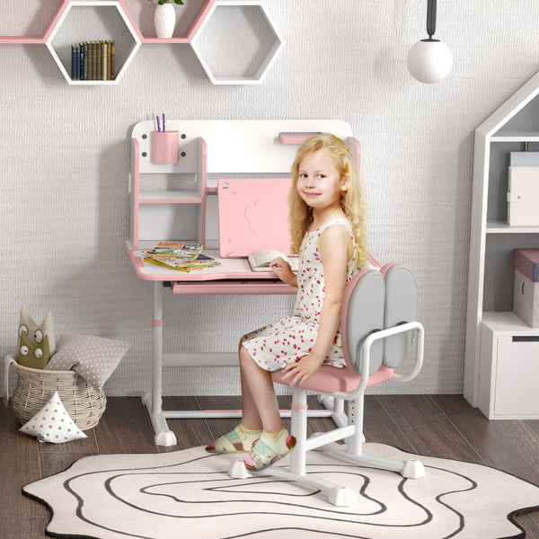 English Elm Qaba Kids Desk And Chair Set - Ergonomic Adjustable Study Desk With Tilt Top, Storage & Comfort In Pink W2225P229581-GIGA