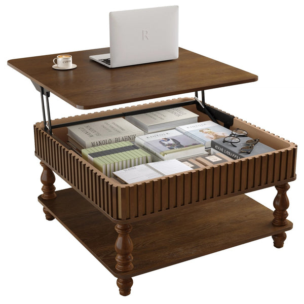 English Elm 31.5 Lift-Top Coffee Table with Hydraulic Raise, Fluted Wood Slats, Hidden Compartment & Shelf Walnut Brown W1445P355641