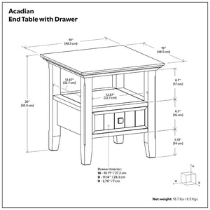 English Elm Acadian Solid Pine End Table with Drawer and Shelf Black Finish Farmhouse Accent B136P419892