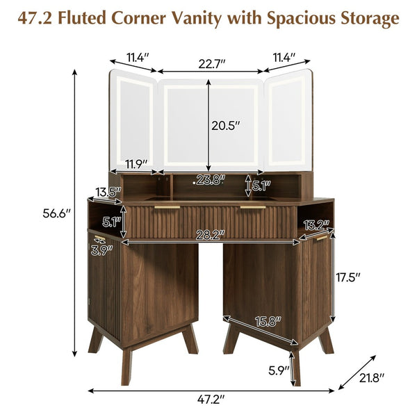 English Elm 47.2" Corner Lighted Makeup Vanity with Fluted Panel Tri-fold Mirror and Charging Station Walnut N704P392485P