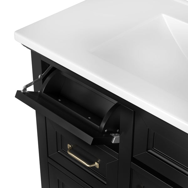 English Elm 36-Inch Modern Bathroom Vanity with Ceramic Basin, 4 Drawers & Soft-Close Door, Pre-Drilled Faucet Ready, Durable MDF and Solid Wood Construction (36"L x 18.3"W x 33.4"H) Black N725P296118B
