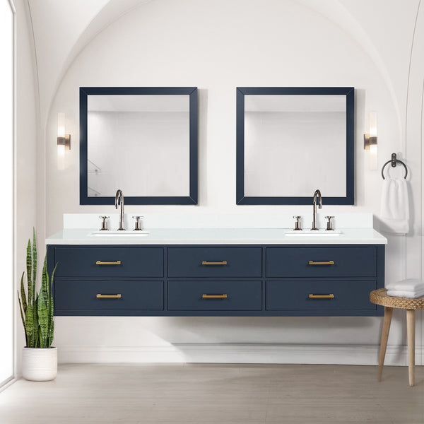 English Elm Blue Double Bath Vanity Set With White Quartz Top, Chrome Faucets, And Dual 36" Mirrors - Elegant Storage B2731S01847