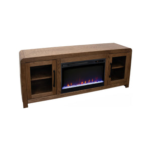 English Elm Haven 65 inch Entertainment Center with Electric Fireplace, Oak Veneer TV Stand, Glass Doors, Cable Management Brown B108P364419