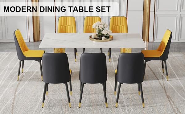 English Elm Table 9-Piece Dining Set With Glass Top, Gold Stainless Steel Legs & Orange/Dark Gray Chairs For Elegance W1151S04360-GIGA