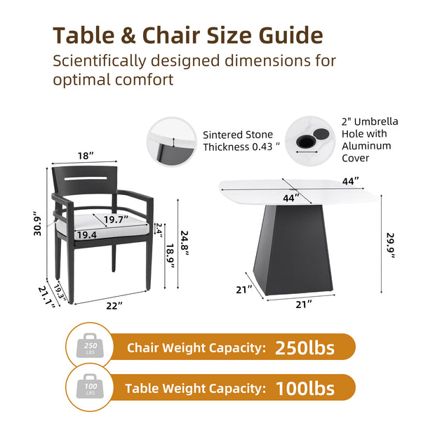 English Elm 5-Piece Outdoor Dining Set – 44" Sintered Stone Table & 4 Armchairs With Sunbrella Cushions, Stylish Comfort! W1886S00025