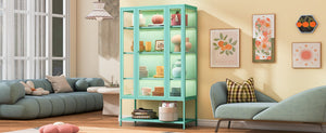 English Elm 67.25'' Tall Steel Curio Cabinet with Led Lighting and Tempered Glass Panels Cyan SN845P263995T