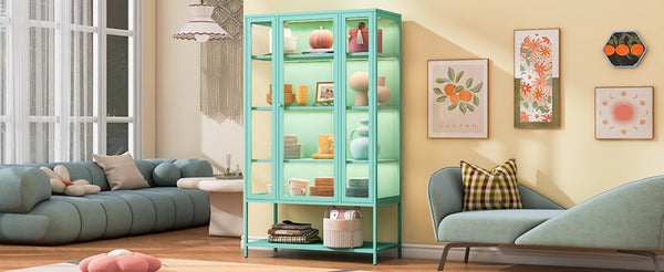English Elm 67.25'' Tall Steel Curio Cabinet with Led Lighting and Tempered Glass Panels Cyan SN845P263995T