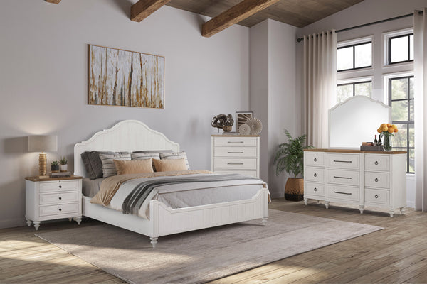 English Elm Shaped Arched Mirror in Cement Finish, White Solid Wood Frame with Durable Mindi Veneer Accent Decor B2699P395259