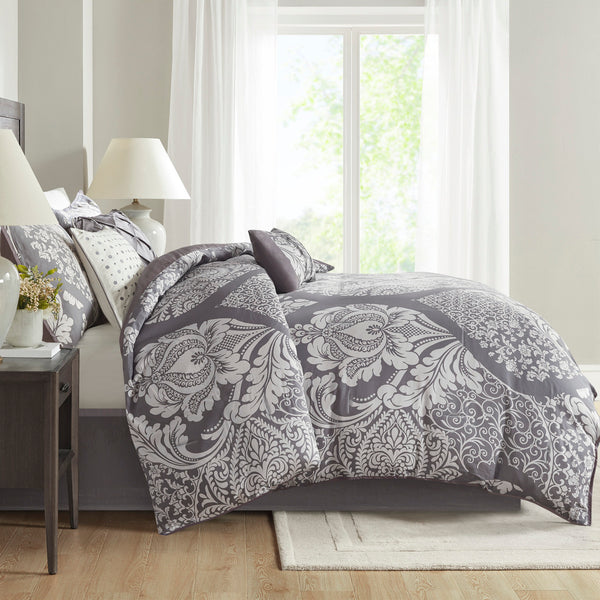 English Elm 7 Piece Cotton Printed Comforter Set In Grey - Elegant Damask Design With Pillows & Bed Skirt B03597027