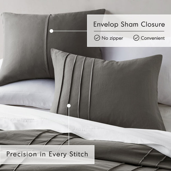 English Elm 3-piece Cal King Pintuck Pleated Microfiber Comforter Set Soft Washed Tailored Bedding Grey B035P463228