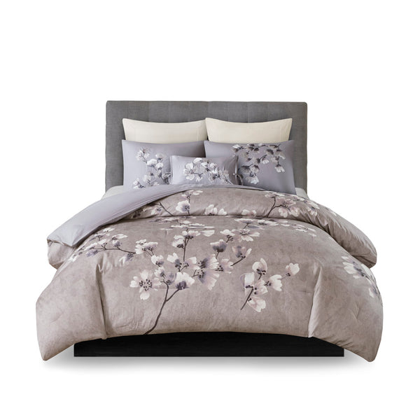 JLA Home N Natori - 3 Cotton Sateen Comforter Set with Lilac Cherry Blossom Print, OEKO‑TEX, Overfilled Hotel-Quality Luxury 96 L x 92 W x 1.5H NS10-3255