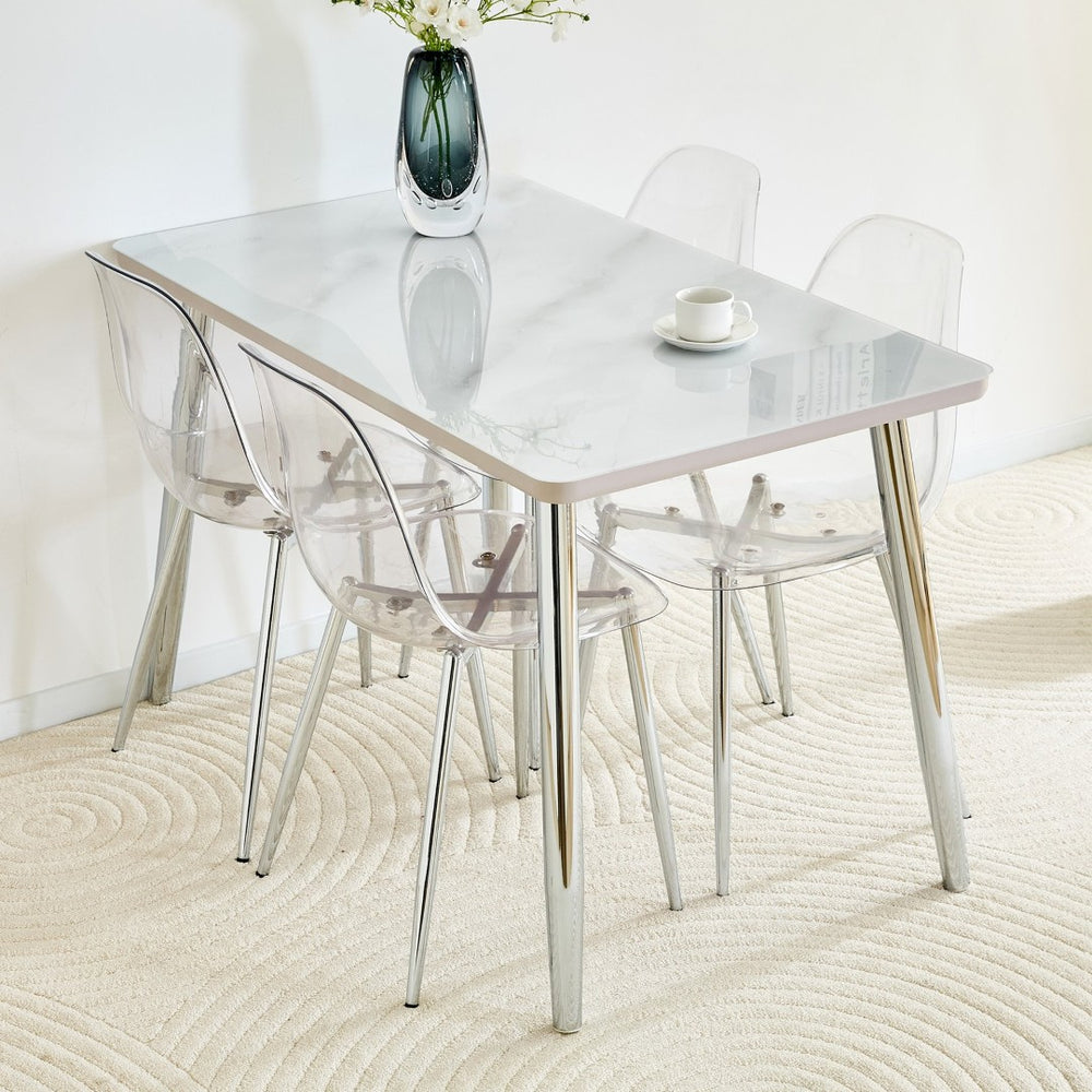English Elm Table and Chair Set Marble Veined Glass Top Silver Legs with Four Clear Acrylic Seats W1151S04643
