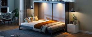 English Elm Queen Murphy Wall Bed with Led Lighting Modern Cabinet Folds Flat for Studio Living Gray LP100973AAE
