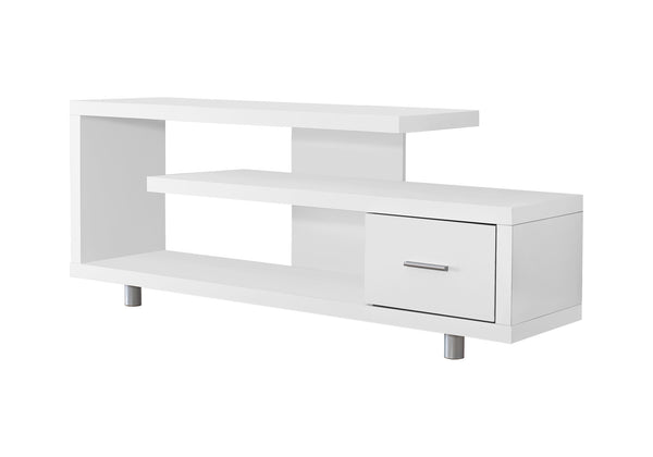 English Elm Tv Stand 60 Inch Media Console with Art-Deco Pedestal, Three-Tier Storage Shelves and Drawer White 70 L x 19 W x 8 H B2710P219079