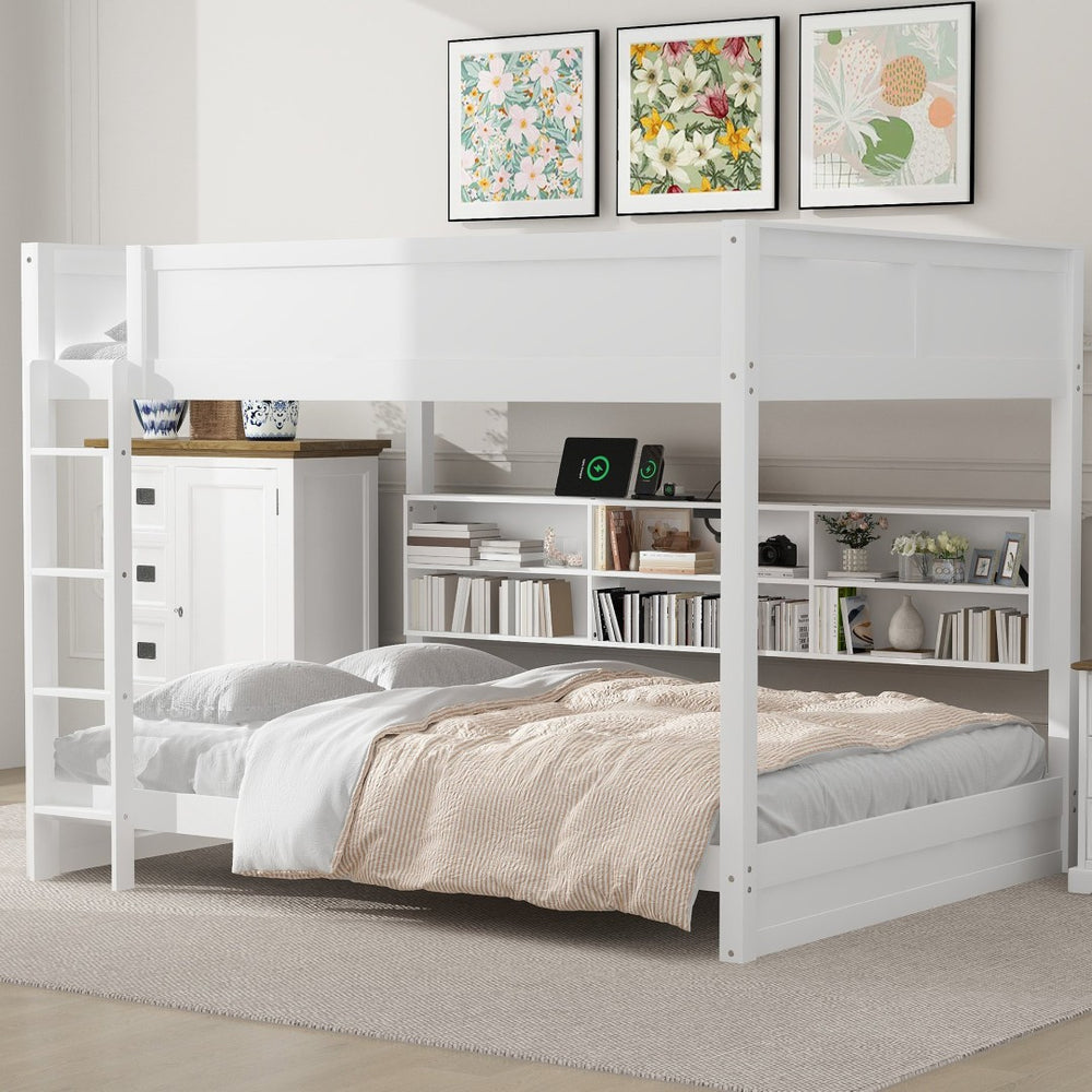 English Elm Queen Over Bunk Bed Solid Pine Cabin Frame with Storage and Usb Charging White GX000399AAK