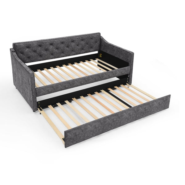 English Elm Twin Linen Tufted Daybed with Pop up Trundle and Usb Port for Guest Rooms Grey W1413S00128