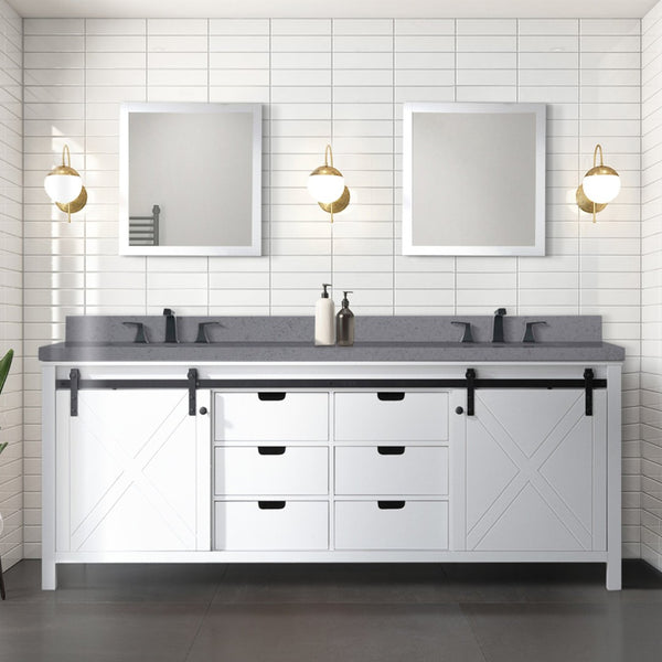 English Elm White Double Bath Vanity 84" W With Grey Quartz Countertop, Matte Black Faucets & Matching Mirrors B2731S01079-GIGA