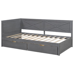 English Elm Twin Wood Daybed with 2 Drawers Rustic Guardrail in Ancient Grey — Storage Twin Bed, Pine MDF Craftsmanship, 300lb Capacity N709P179657E