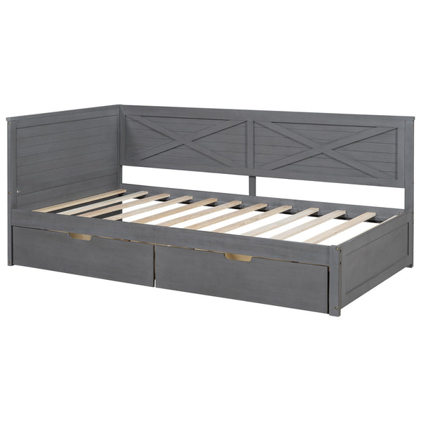 English Elm Twin Wood Daybed with 2 Drawers Rustic Guardrail in Ancient Grey — Storage Twin Bed, Pine MDF Craftsmanship, 300lb Capacity N709P179657E