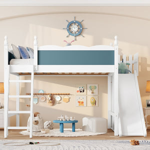 English Elm Full Loft Bed With Slide, Storage Shelves & Cabinet - Solid Wood Design For Fun & Organization! W1580S00246
