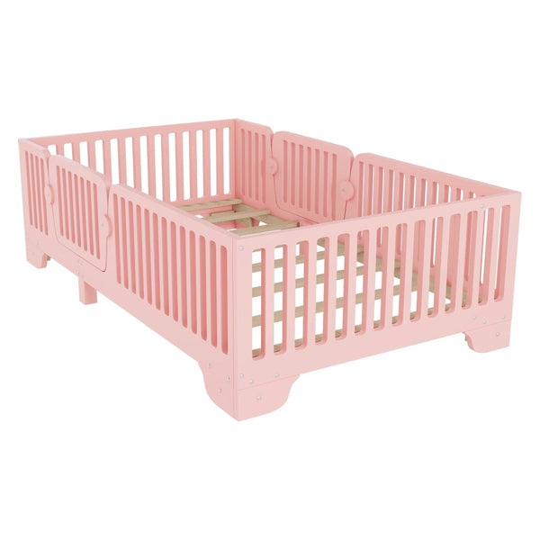 English Elm Twin Montessori Floor Bed with Safety Rails Hinged Door and Plywood Slats for Kids Pink W2593P381410