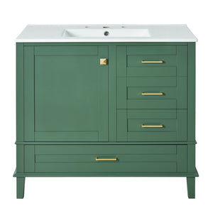 English Elm 36" Green Bathroom Vanity Solid Pine Frame with Soft-Close Door, 3 Varied Drawers & Ceramic Top N729P211167F