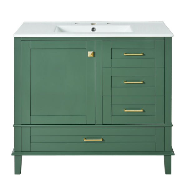 English Elm 36" Green Bathroom Vanity Solid Pine Frame with Soft-Close Door, 3 Varied Drawers & Ceramic Top N729P211167F