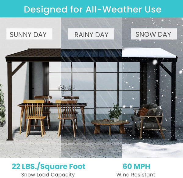 English Elm 10x14ft Lean to Hardtop Gazebo Wall Mounted Steel Roof Shelter for Deck Porch Brown W1859S00196