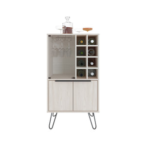 English Elm Bar Cabinet Gassville White Oak Finish with 8 Bottle Racks, Glass Door & Wine Glass Rack, Durable Engineered Wood B092P228576