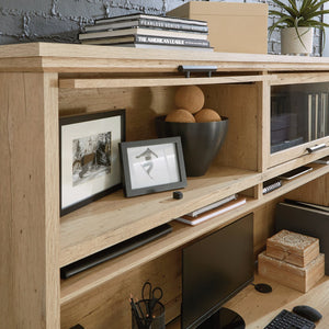 English Elm Hutch, Contemporary Brown Finish With Tempered Glass Doors For Stylish Storage And Display Solutions B356P367798