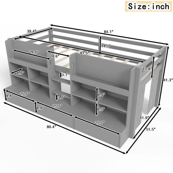 English Elm Twin Xl Low Loft Bed with Curtain Hideaway Chalkboard and Built-in Storage Shelves W1580S00400