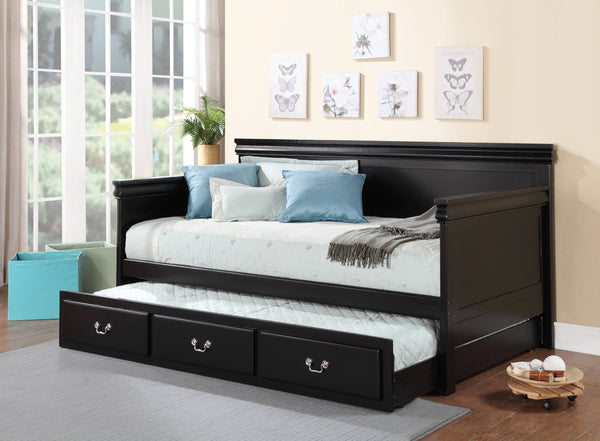 English Elm Bailee Twin Daybed in Black Finish with 13-Slat Support, Panel Molding & Roll-Out Trundle Option B2726S00209
