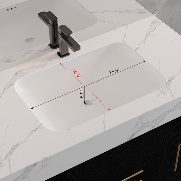 English Elm 39.4 Inch Floating Bathroom Vanity Sintered Stone Top Solid Wood 2 Soft Close Drawers W3136S00081
