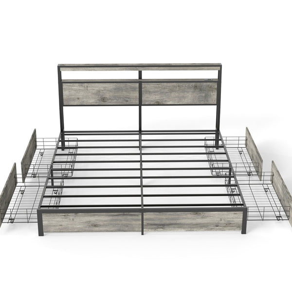 English Elm Queen Metal Platform Bed with Rgb Led Headboard Charging Station and Underbed Storage T3963P482853