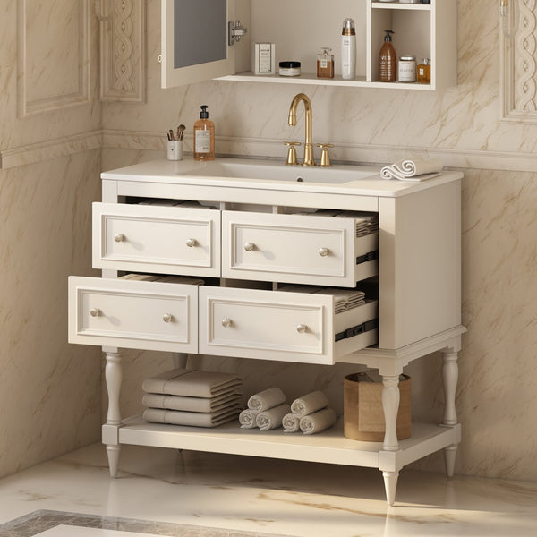 English Elm 36" Bathroom Vanity with Sink Combo, 36" Ceramic Undermount Basin, Solid Wood Frame, 4 Drawers, Waterproof Painted Finish Beige N710P250654Y