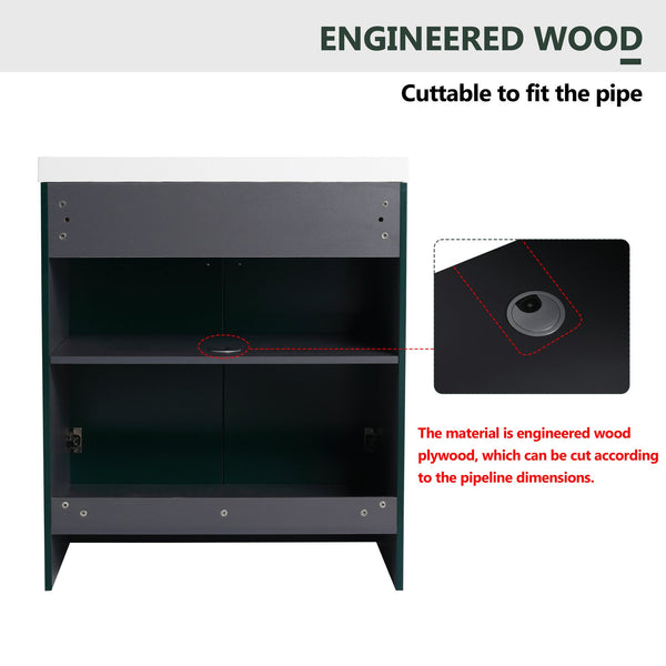 English Elm 30" Modern Freestanding Bathroom Vanity with Resin Sink, Soft-Close Doors, Adjustable Shelf, Durable Plywood Finish Dark Green W999S00272