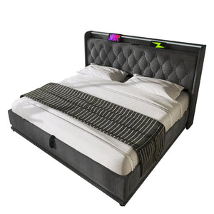 English Elm Queen Upholstered Bed with Surround LED, App/Remote Control, Hydraulic Storage, USB Type-C Charging Gray N736P188807G